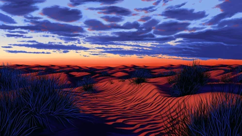 Desert Sunset with Sand Dunes and Dramatic Clouds