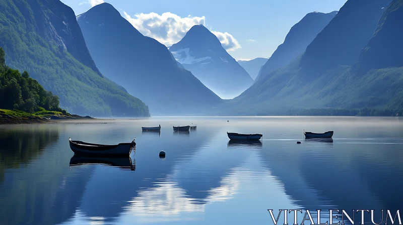 Tranquil Mountain Lake with Boats AI Image