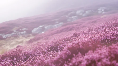 Misty Hillside with Purple Flowers