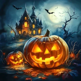 Haunted House with Glowing Pumpkin and Bats