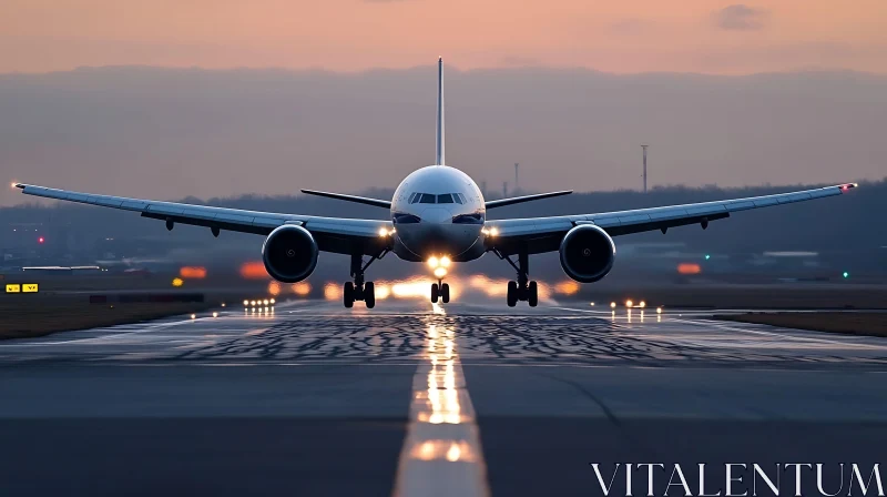 Airplane on Runway at Sunset AI Image