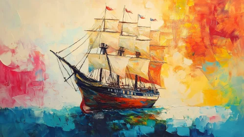 Sunset Sailing Ship Painting