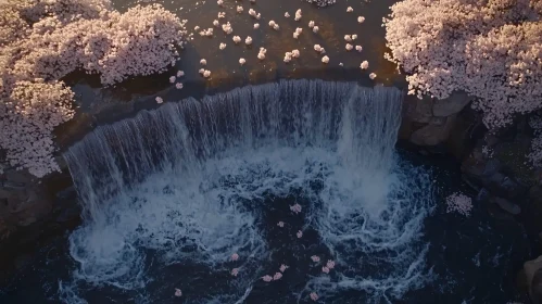 Tranquil Waterfall Amidst Spring Blossoms