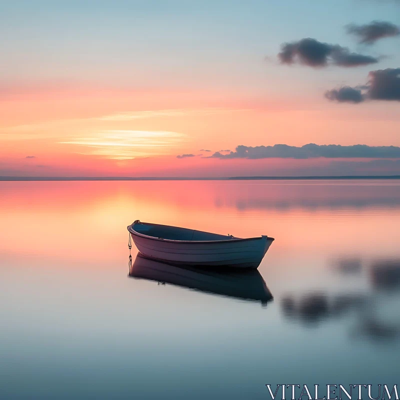 Boat on Calm Lake at Sunset AI Image