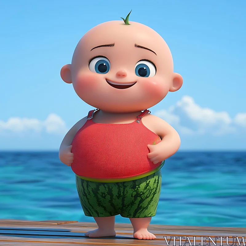 Happy Animated Baby by the Sea AI Image