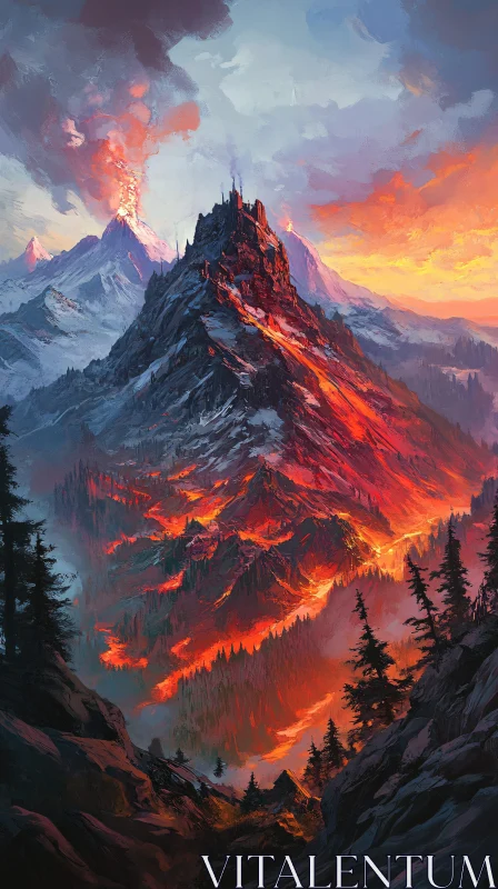 AI ART Fiery Lava Flows and Volcanic Eruption in Mountainous Landscape