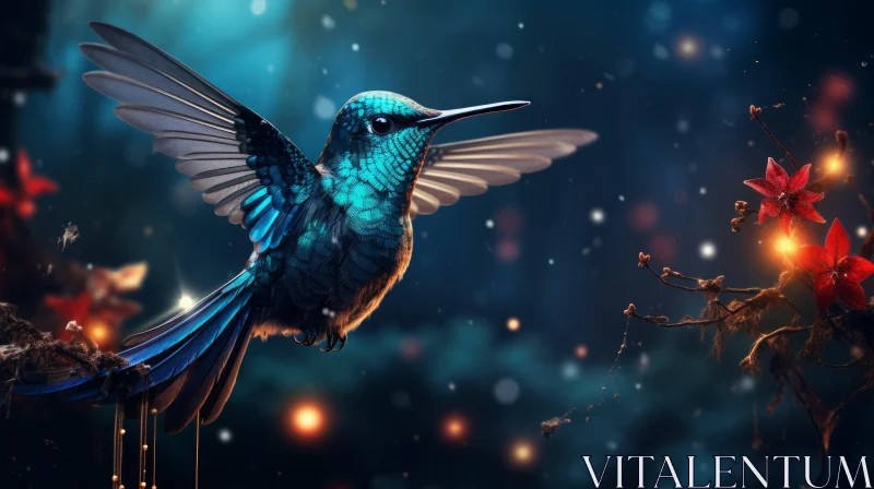 Blue Hummingbird in Night - Concept Art Masterpiece AI Image