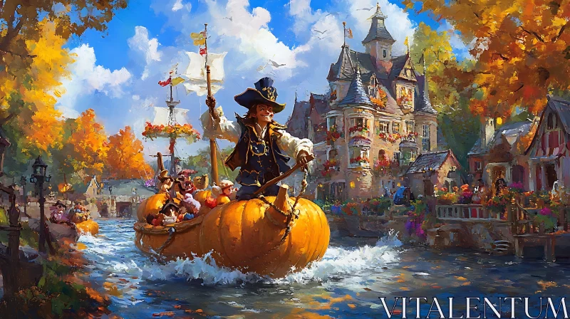 Captain in a Pumpkin Boat in a Fantasy Village AI Image