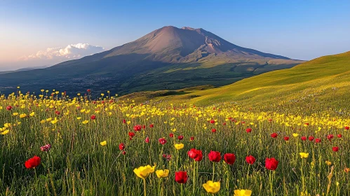 Scenic Mountain and Flower Field Vista