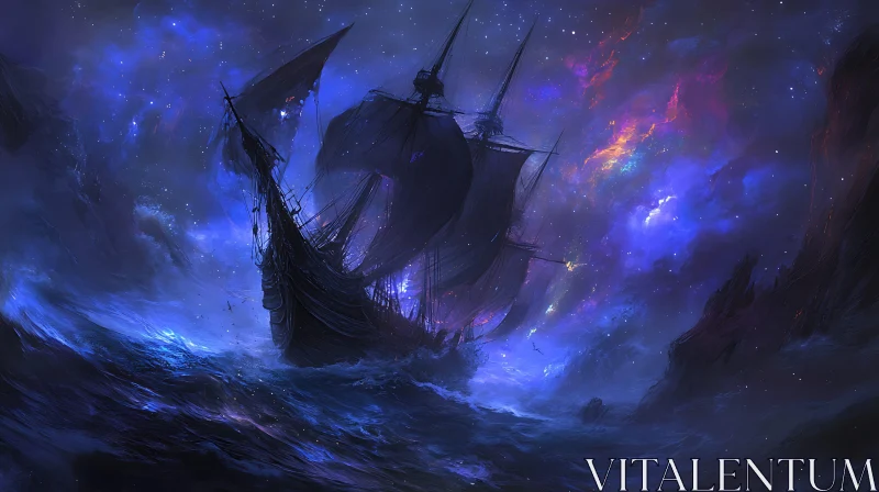 Mystical Maritime Voyage under Starry Night AI Image