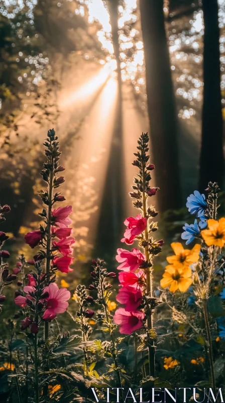 Wildflowers and Morning Sunlight in Tranquil Forest AI Image