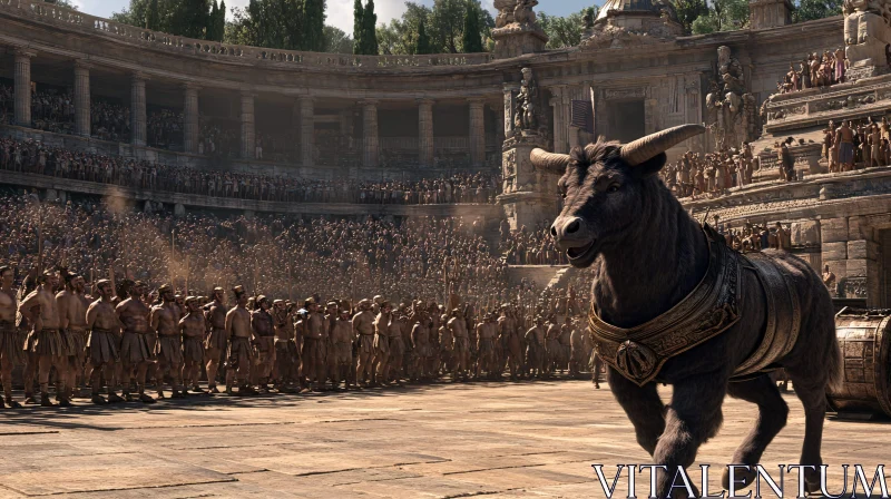 Roman Arena Spectacle: Ornate Bull and Gladiators AI Image