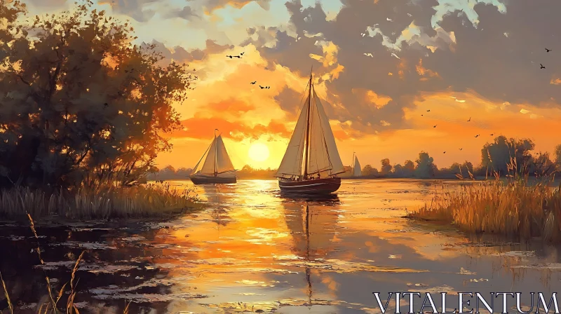 Peaceful Sunset on the Lake with Sailboats AI Image