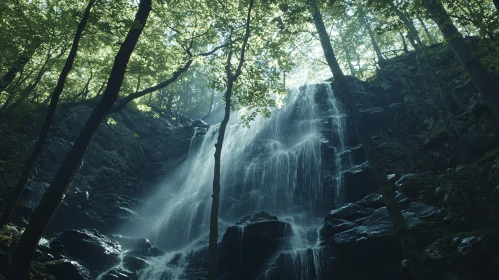 Sunlit Forest Waterfall