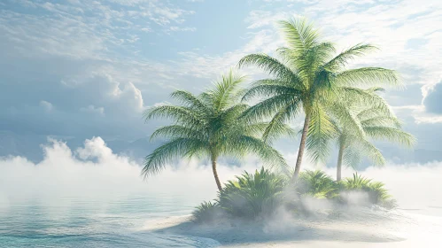 Misty Tropical Beach with Palm Trees