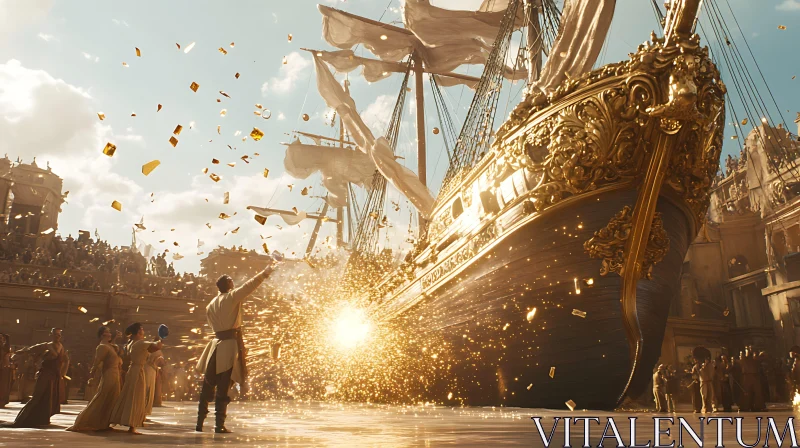 Historical Ship Launch with Gold Embellishments AI Image