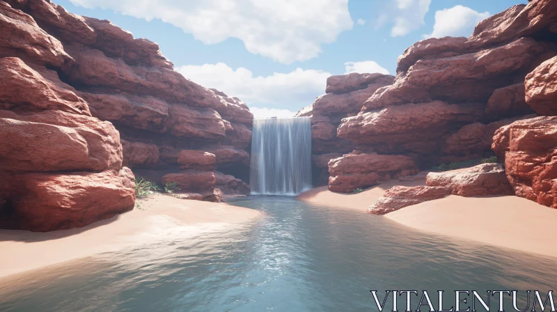 AI ART Tranquil Waterfall and Red Rocks Landscape