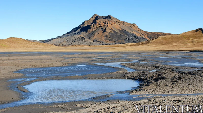 Volcanic Peak and Muddy Terrain with Water Patches AI Image