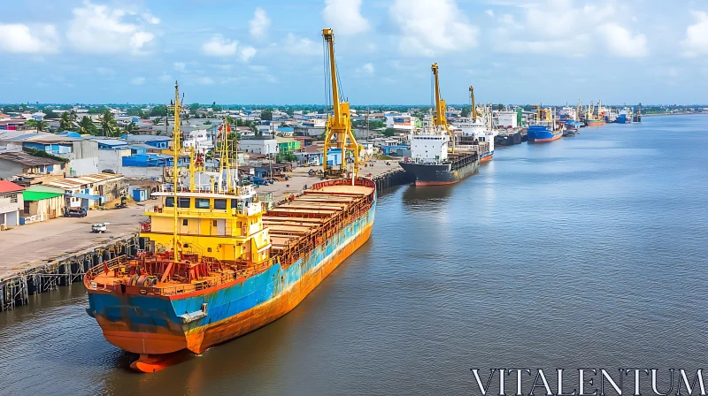 Cargo Ships Docked at a Harbor with Loading Cranes AI Image