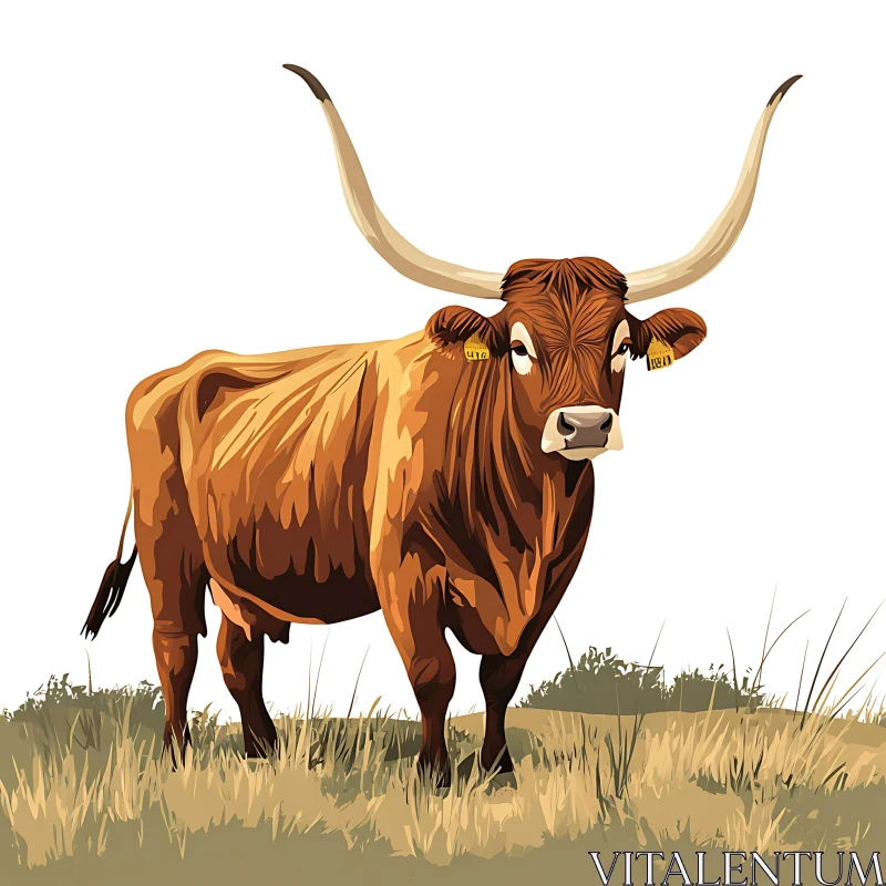 Horned Cow Standing in Pasture AI Image