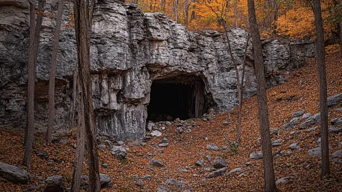 Hidden Cave in a Rocky Forest Landscape