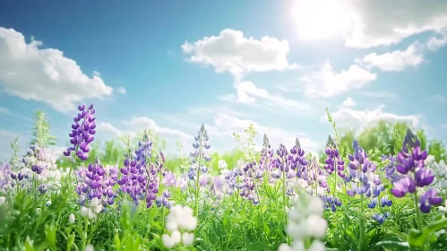 Sunlit Flower Field with Blue Sky and Clouds