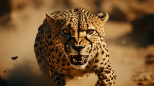 Emotionally Charged Cheetah Sprinting through Desert - A Close-up Photo-realistic View