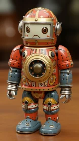 Upright Robot in Shades of Orange and Red on Wooden Surface
