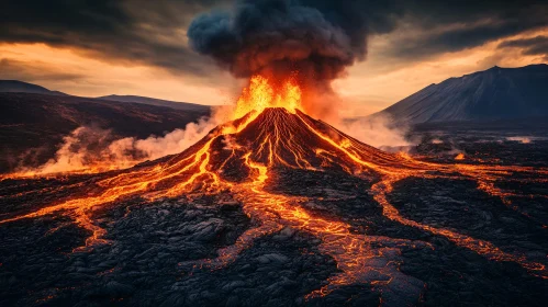 Explosive Volcano with Flowing Lava and Ash