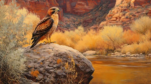 Regal Hawk by River in Desert Canyon