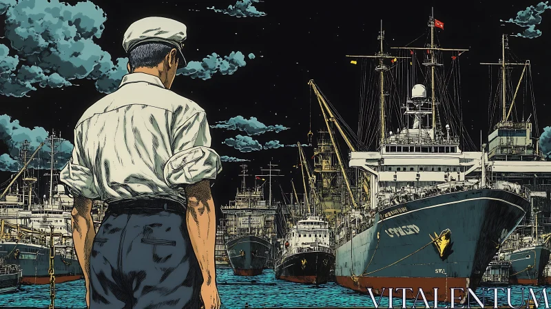AI ART Harbor Scene with Sailor at Night