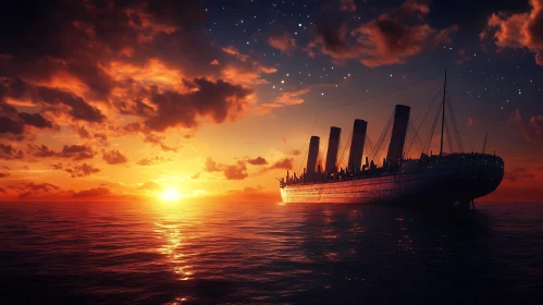 Serene Ocean Sunset with Ship