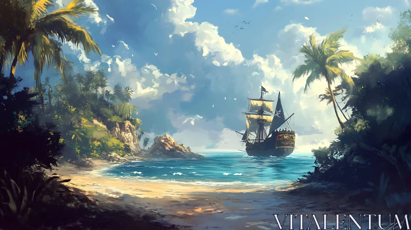 Serene Island with Pirate Ship AI Image