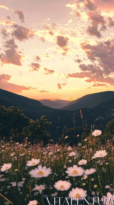 AI ART Mountain Sunset with Wildflowers in Bloom