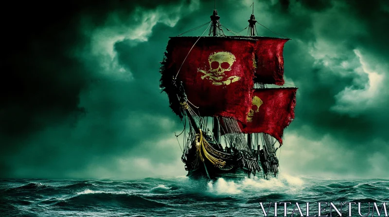 Stormy Nautical Scene Featuring Pirate Ship and Skull Flags