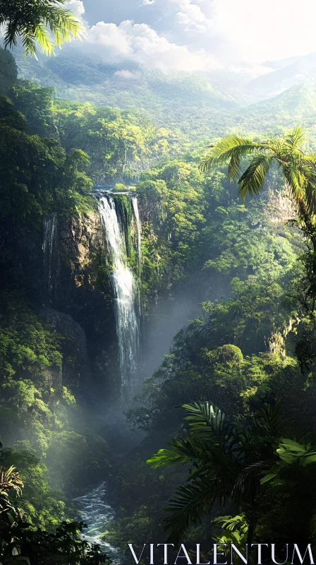 Waterfall in Green Forest with Sunlight and Mist