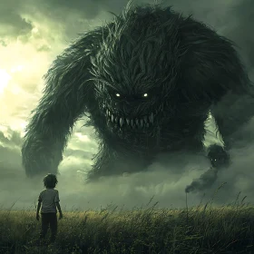 Giant Monster Looms Over a Child in a Dark Fantasy Scene