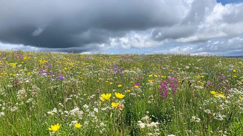 Colorful Wildflowers Against Dark Clouds