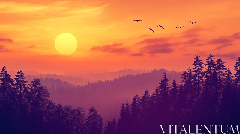 AI ART Tranquil Sunset with Silhouetted Trees and Birds