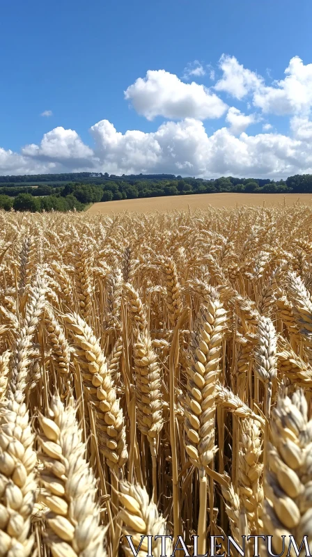 Vast Wheat Field with Blue Sky and Clouds
