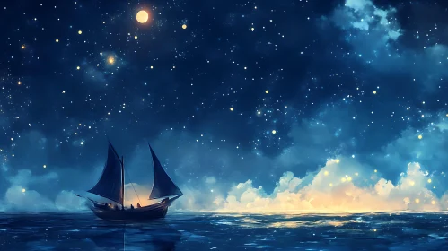 Sailboat Under Starry Night Sky