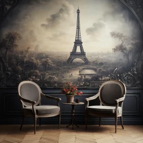 Parisian Interior with Eiffel Tower Mural and Elegant Chairs