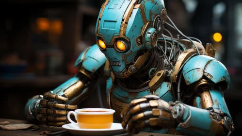 Steelpunk Robot Drinking Tea in Urban Setting