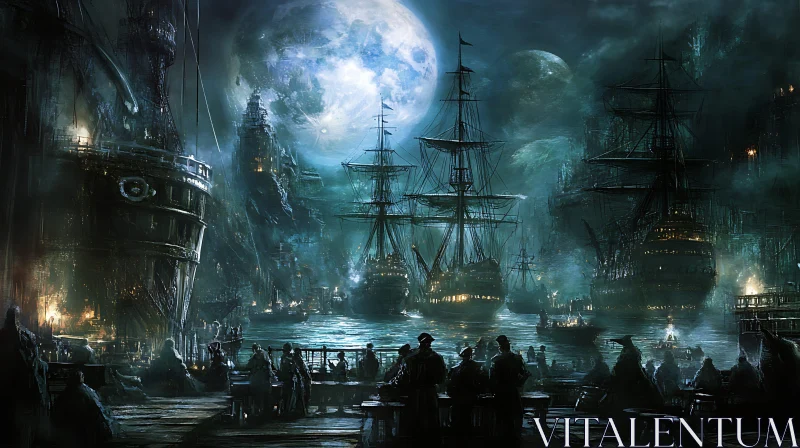 Enigmatic Harbor under the Moon AI Image