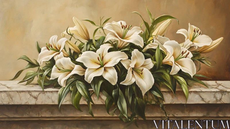 White Lilies Bouquet on Marble Ledge Oil Painting AI Image