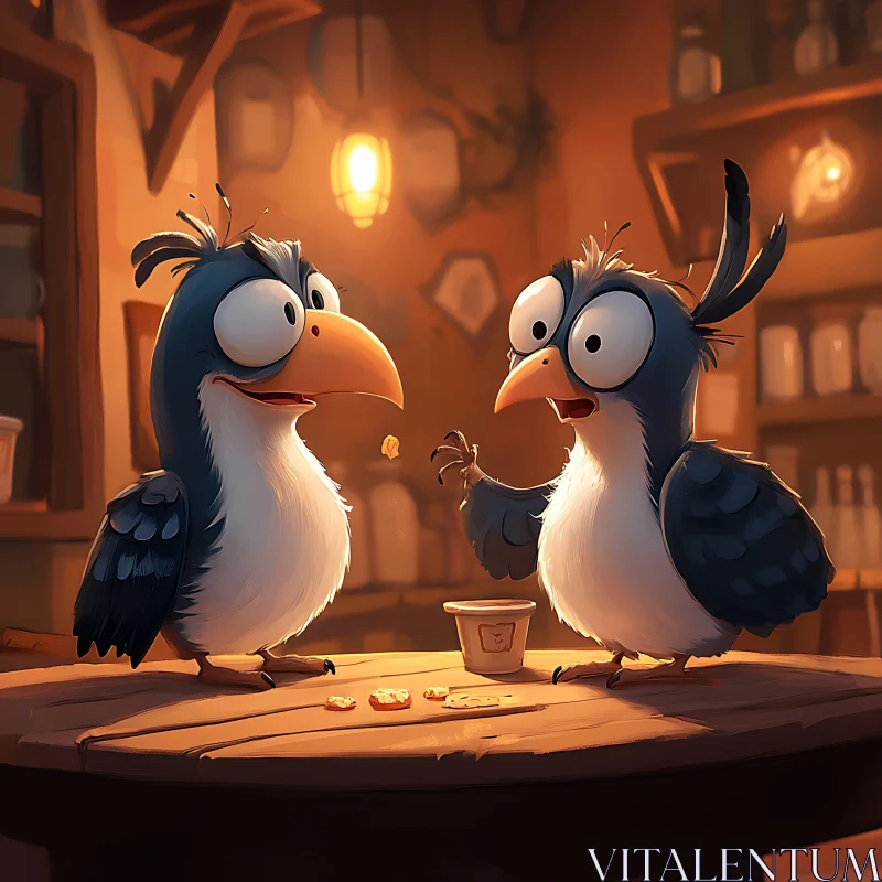 Animated Bird Conversation in a Tavern Setting AI Image