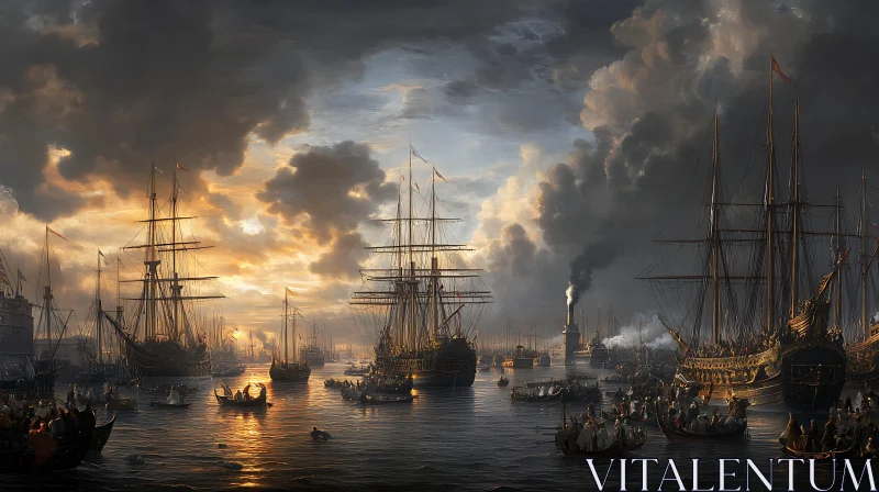 Sunset Harbor with Ships and Smoke AI Image