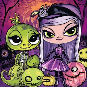 Gothic Cartoon Character and Reptilian Friend Amidst Halloween Pumpkins