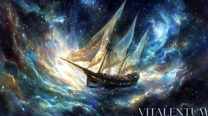 Sailing Ship in a Starry Cosmic Sea AI Image