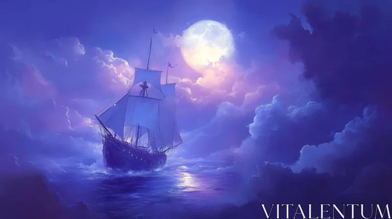 Moonlit Ocean Voyage with Cloudy Sky AI Image